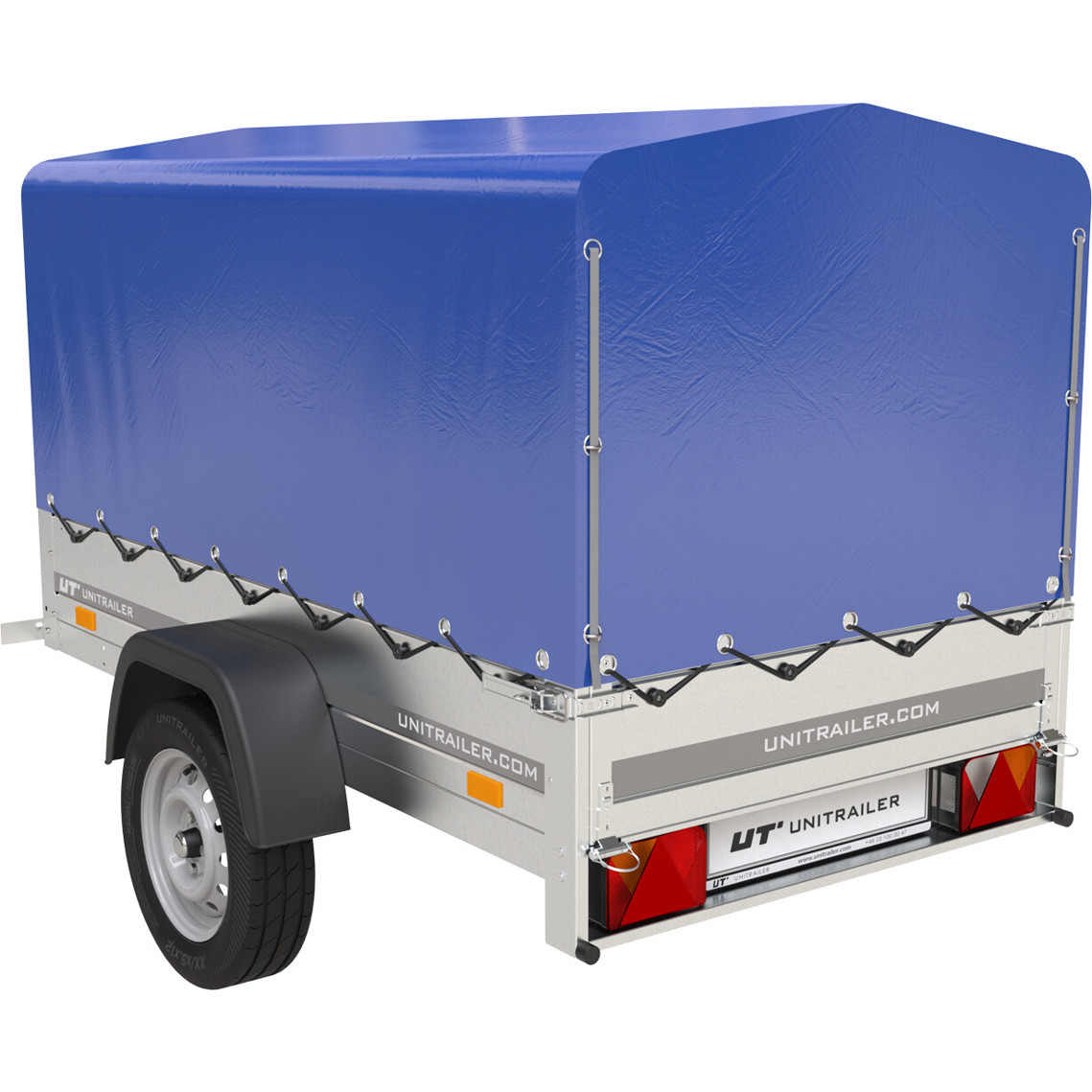 Unitrailer - UT004232 - Gartenanhänger 750kg Einachser V-Deichsel 13 Zoll kippbar blau aus Stahlblech mit Siebdruckbodenplatte